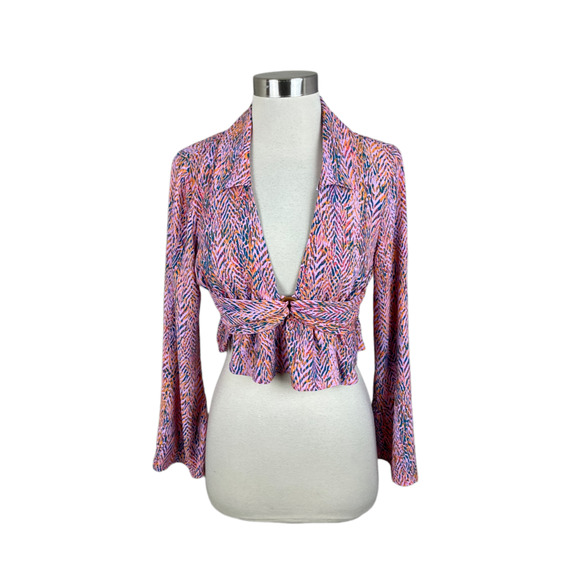 Zara NEW Orange Pink Green Printed Stripe Crop Blouse w/ Wooden Buckle Size S - Picture 1 of 4